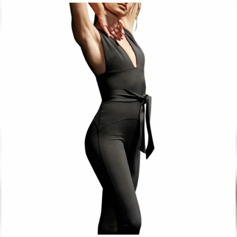free people movement black deep v tie waist cropped jumpsuit M